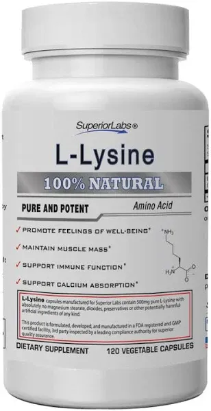 Superior Labs – Best L-Lysine NonGMO Dietary Supplement –500 mg Pure Active L-Lysine – 120 Vegetable Capsules – Supports Calcium Absorption – Immune