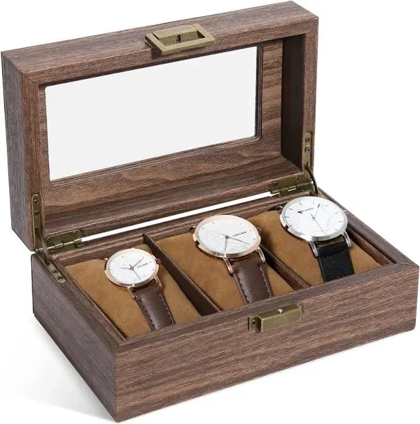 Uten Watch Box 3 Slots, Watch Case Organizer with Real Glass Lid, Wood Grain PU Leather Watch Display Storage Box with Removable Imitation Suede