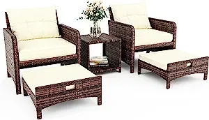 Pamapic 5 Pieces Wicker Patio Furniture Set Outdoor Patio Chairs with Ottomans Conversation Furniture with coffetable for Poorside Garden Balcony(Beige)Pamapic 5 Pieces Wicker Patio Furniture Set Outdoor Patio…