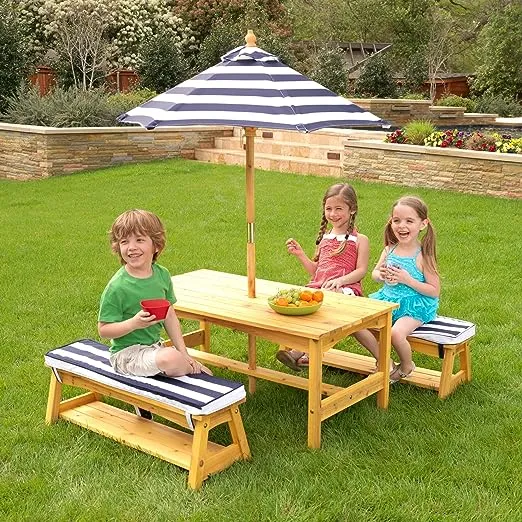 KidKraft Outdoor Wooden Table & Bench Set with Cushions and Umbrella, Kids Backyard Furniture, Navy and White Stripe Fabric, Gift for Ages 3-8