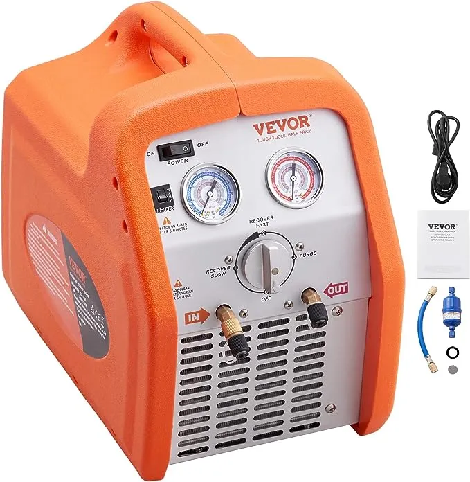 VEVOR 1 HP Refrigerant Recovery Machine - Dual Cylinder Portable AC Recovery Machine with High Pressure Protection 120V 60Hz Recovery Machine HVAC