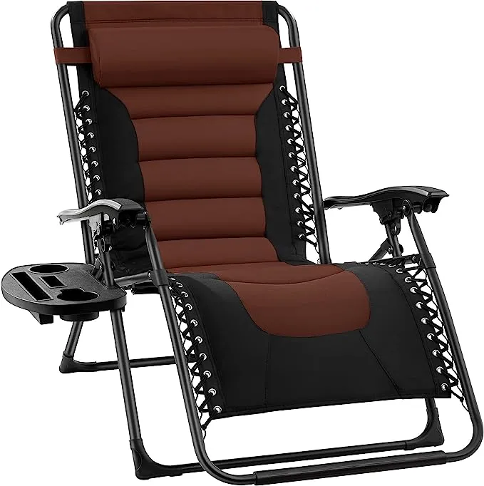 Best Choice Products Oversized Padded Zero Gravity Chair, Folding Outdoor Patio Recliner w/ Side Tray - Brown