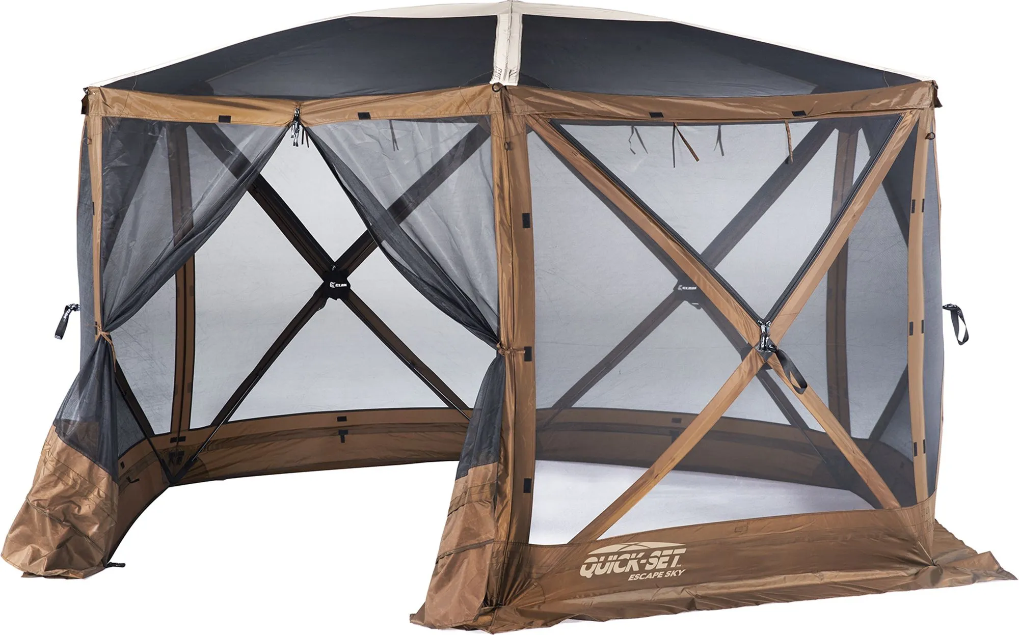 CLAM Quick Set Escape 11.67 x 11.67 Foot Portable Pop-Up Outdoor Camping Gazebo Screen Tent Canopy with Sky Screen, Ground Stakes and Carry Bag, Brown