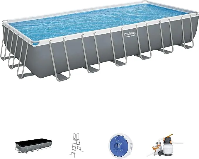 Bestway Power Steel 24' x 12' x 52" Rectangular Metal Frame Above Ground Swimming Pool Set with 1500 GPH Sand Filter Pump, Ladder, and Pool Cover