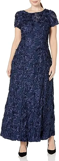 Alex Evenings Women's Rosette Lace Short Sleeve A-Line Gown