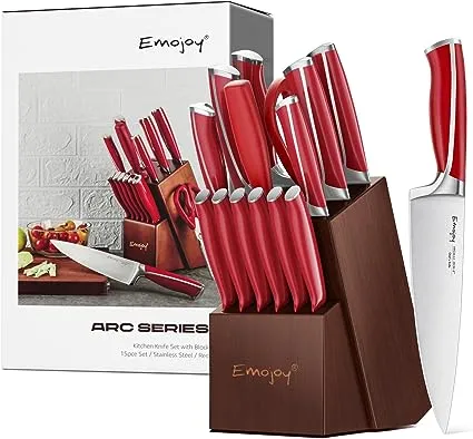 Emojoy Knife Set, 15-Piece Kitchen Knife Set with Block Wooden, Red Ha