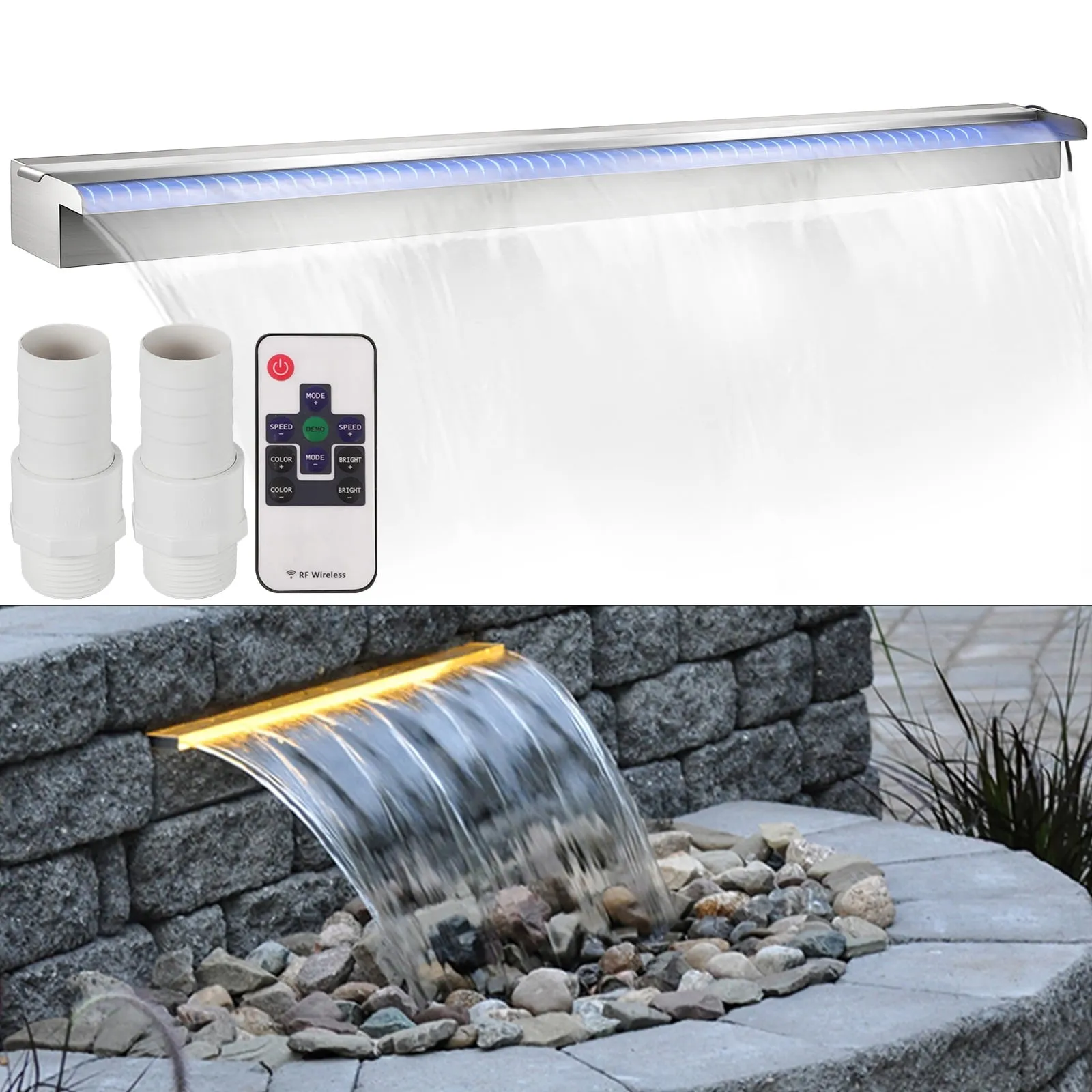 VEVOR Pool Fountain Stainless Steel Pool Waterfall 59.4 inch x 4.5 inch x 3.1 inch (W x D x H) with LED Strip Light Waterfall Spillway with Pipe