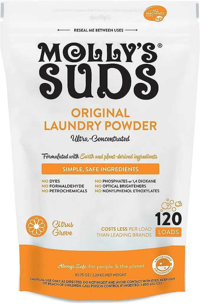 Molly's Suds Original Laundry Detergent Powder | Natural Laundry Detergent Powder for Sensitive Skin | Earth-Derived Ingredients, Stain Fighting | 120