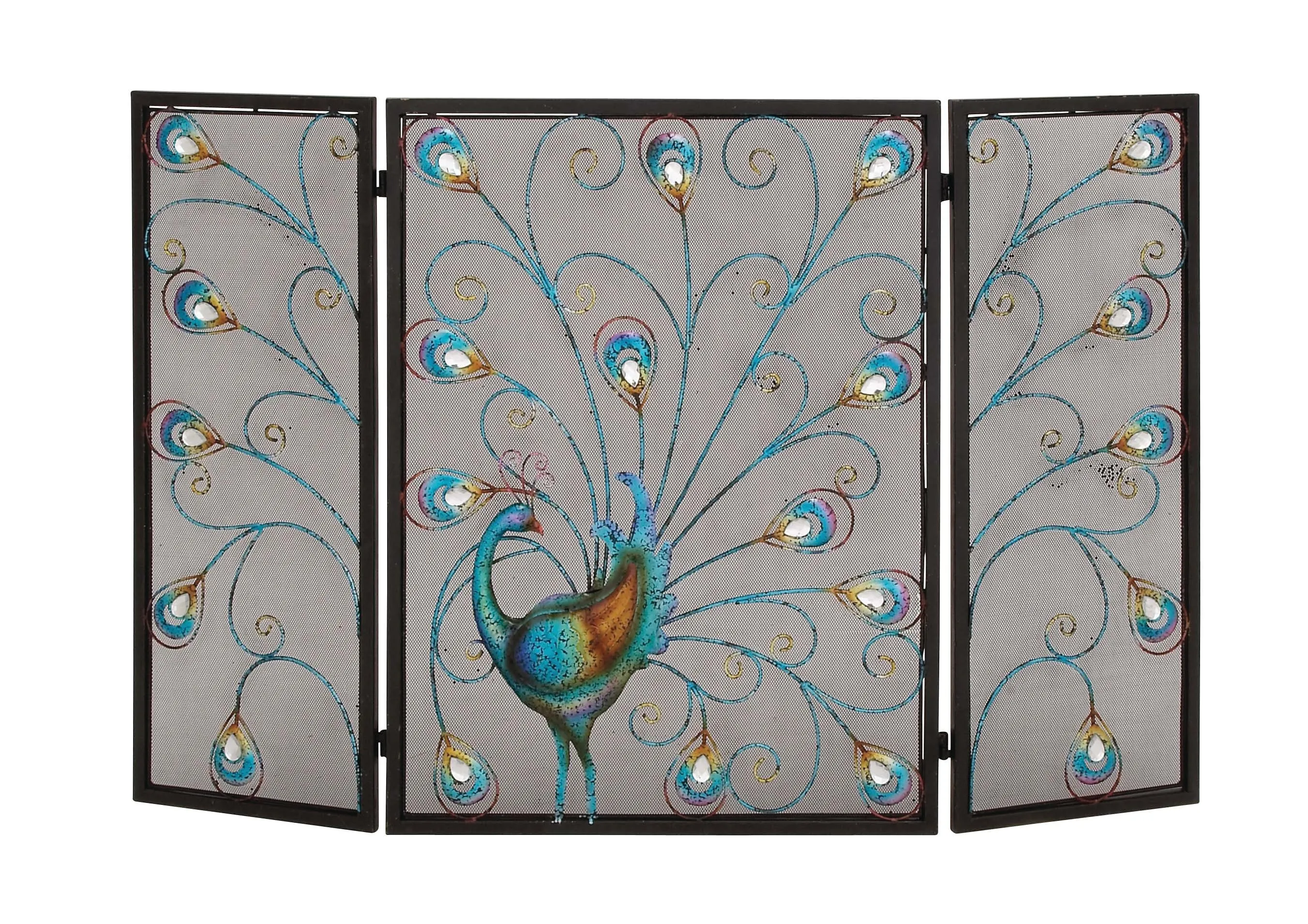 DecMode Black Eclectic Metal Fireplace Screen with Colorful Peacock Detail and Iron Frame, 48"W x 32"H