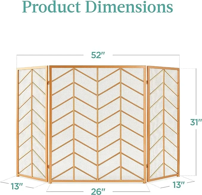 Best Choice Products 52x31in 3-Panel Iron Chevron Fireplace Screen, Spark Guard w/ Handles - Gold