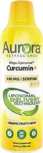 Aurora Nutrascience Mega-Liposomal Curcumin+ Vitamin C with CurcuVail, Supports Healthy Joints, Muscles, GI Tract, and Brain, Organic, Non-GMO, 450mg per Serving, 16 fl oz