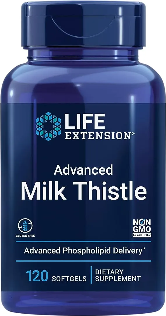 Life Extension Advanced Milk Thistle - Liver health supplement for healthy liver function, liver detox support - Milk thistle, silymarin, silibinin - Gluten-free, non-GMO, 120 softgels