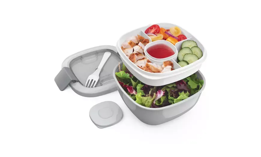 Bentgo® Salad - Stackable Lunch Container with Large 54-oz Salad Bowl, 4-Compartment Bento-Style Tray for Toppings, 3-oz Sauce Container for Dressings, Built-In Reusable Fork & BPA-Free (Blue)