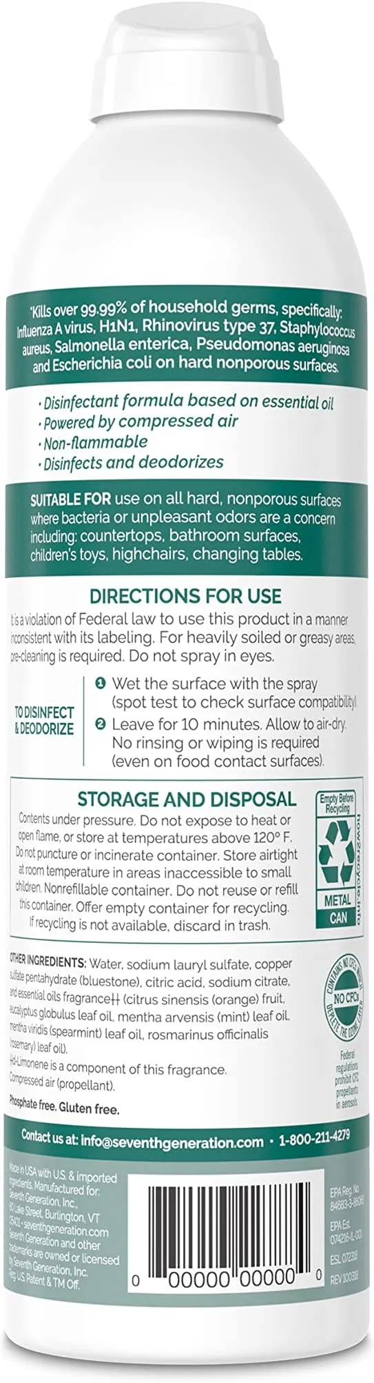 Seventh Generation Disinfectant Aerosol Spray Eucalyptus/Spearmint/Thyme 8 Count