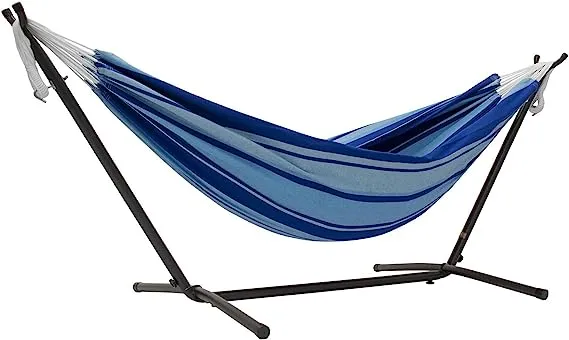 Vivere Double Cotton Hammock with Space Saving Steel Stand, Tropical (450 lb Capacity - Premium Carry Bag Included)