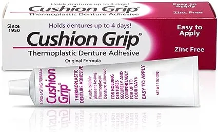 Cushion Grip Thermoplastic Denture Adhesive for Refitting and Tightening Loose Dentures [Not a Glue Adhesive, Acts Like a Soft Reliner] (1 Oz) Hold Dentures for Up to 4 Days.