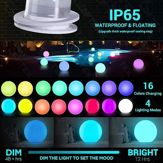 LOFTEK LED Portable Dimmable Floating Pool Lights Ball, 6-inch Cordless Night Light with Remote, 16 RGB Colors & 4 Modes, Rechargeable & Waterproof, Perfect for Indoor/Outdoor, Party Decor, 1-Pack