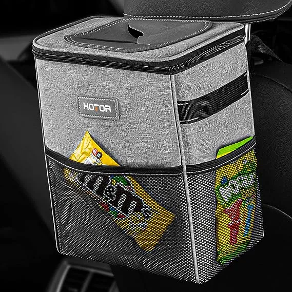 HOTOR Car Trash Can, Multifunctional Car Accessory for Interior Car Stuff Storage with Compact Design, Waterproof Car Organizer and Storage with Adjustable Straps, Magnetic Snaps, 2 Gallons, Gray