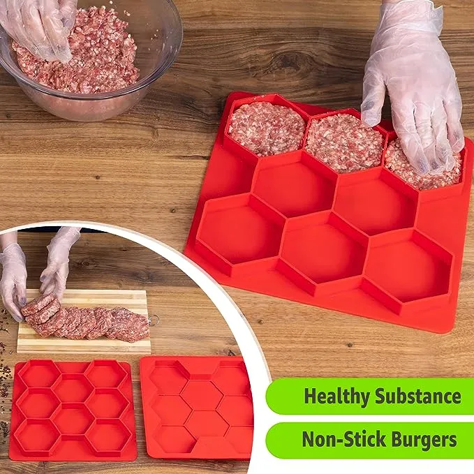 ANGELYCIA Burger Mold 8 in 1 | Meatball Maker | Hamburger Slider Silicone Mold | Hexagonal Hamburger Patty Maker | Ingenious Non-Stick Burger Press and Freezer Storage