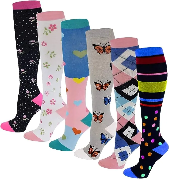 6 Pairs Pack Graduated Colorful Travel Athletic Cotton Compression Knee High Socks (6 Pairs Assorted, Small/Medium)