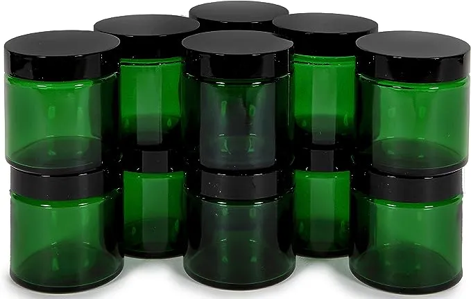 Vivaplex, 12, Green, 4 oz, Round Glass Jars, with Inner Liners and black Lids