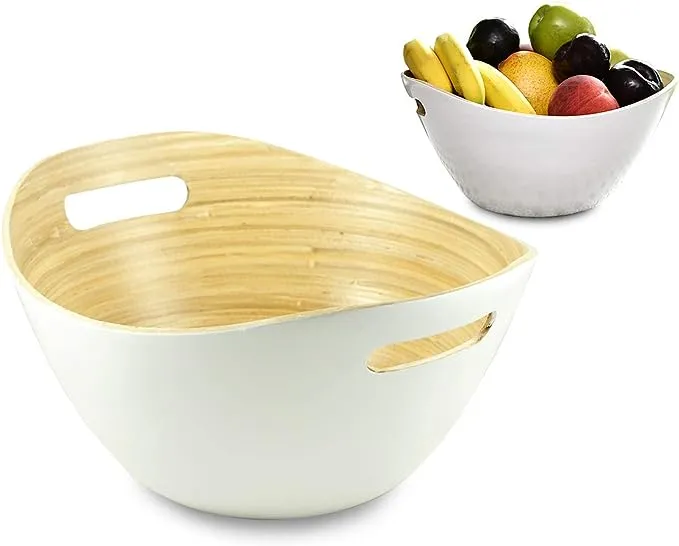 Modern Bamboo Wood Fruit or Vegetable Bowl | Decorative Home Decor Kitchen Counter Centerpiece Decorations and Dining Room Tables Centerpieces | White Accessories Bowls