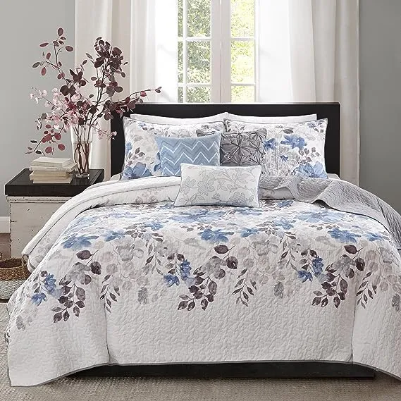 Madison Park Luna Quilt Modern Classic Design All Season, Breathable Coverlet Lightweight Bedding Set, Matching Shams, Decorative Pillow, Full/Queen(90"x90"), Floral Blue 6 Piece