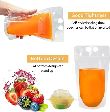 100 Pcs Plastic Drink Pouches for Drinks with Straws Hand-Held Juice Bags Reusable Zipper Clear Drink Bags Smoothie Heavy Duty Juice Pouches for