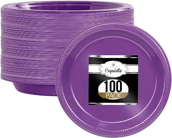 Exquisite 7 Inch. Purple Plastic Dessert/Salad Plates - Solid Color Disposable Plates - 100 Count