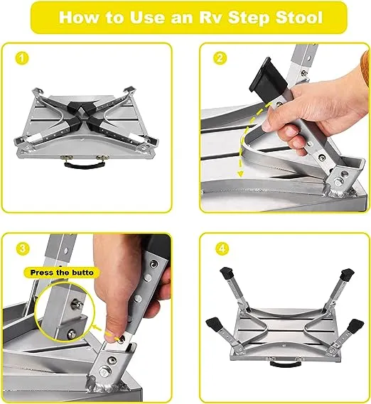 Safety RV Steps, Yagud Height Adjustable Folding Platform Step with 17" x 12" Anti-Slip Surface, Rubber Feet, Handle, Reflective Strips, and T Level