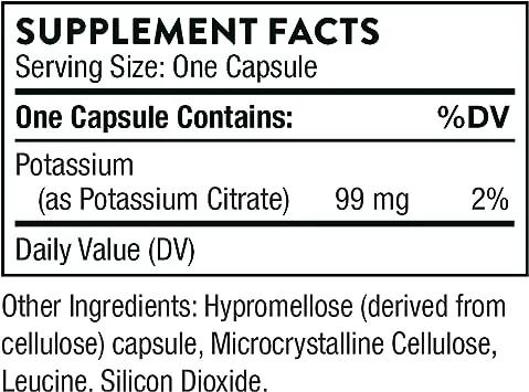 Thorne Potassium Citrate - Высокоусвояемая калиевая добавка для поддержки почек, сердца и скелета - 90 капсул