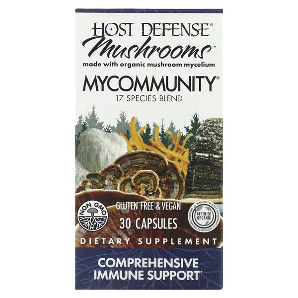 Host Defense, MyCommunity Capsules, Advanced Immune Support, Mushroom Supplement with Lion’s Mane, Reishi, Vegan, Organic, 30 Capsules (15 Servings)