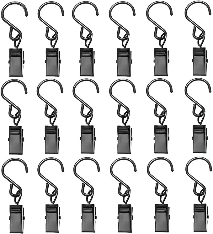 Esfun 50 Pack Black S Hanging Hooks with Clips, String Party Light Hooks Hanger Clips Curtain Clips for Outdoor Indoor Party Awning Lights Hanging