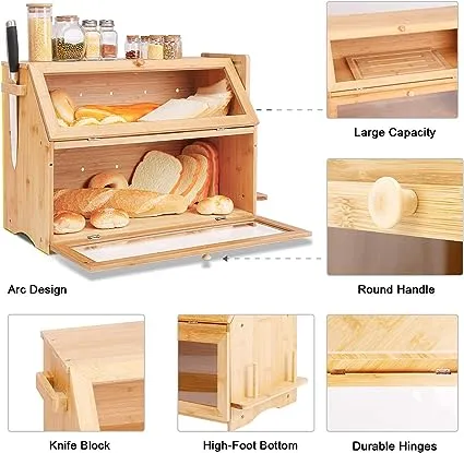 HOMEKOKO Double Extra Large Bread Box, Two-layer Extra Large Oversized Bread Box for Kitchen Counter, Wooden Large Capacity Bread Storage Bin with Cutting Board (Natural Bamboo)