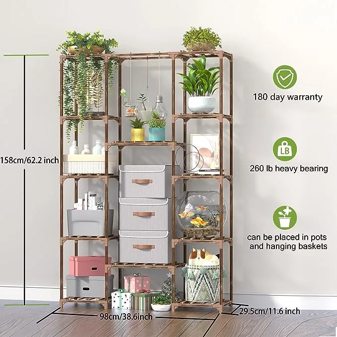 CFMOUR Wood Plant Stand Indoor Outdoor, 62.2" Tall Flower Shelf Tiered Plant Stands for Multiple Plants Large Planter Holder Hanging Shelves Rack for