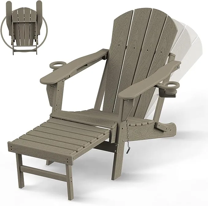 Folding Adirondack Chair with Ottoman Hdpe Poolside Chairs Holders & Footrest