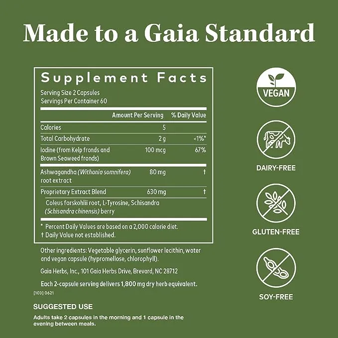 Gaia Herbs Thyroid Support - Made with Ashwagandha, Kelp, Brown Seaweed, and Schisandra to Support Healthy Metabolic Balance and Overall Well-Being - 60 Vegan Liquid Phyto-Capsules (20-Day Supply)Gaia Herbs Thyroid Support - Made with Ashwagandha, Ke…