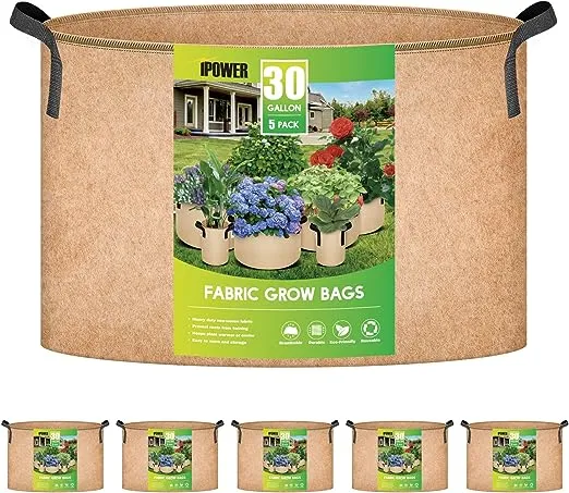 iPower 5-Pack 30 Gallon Plant Grow Bags Thickened Nonwoven Aeration Fabric Pots Heavy Duty Durable Container, Strap Handles for Garden, Tan