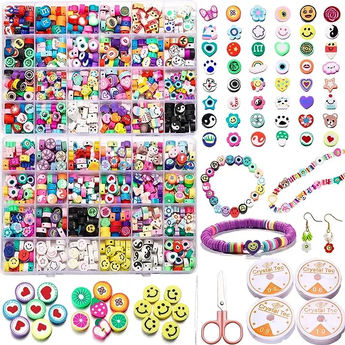 48 Styles Fruit Smile Face Polymer Clay Beads Kit for Jewelry Making, 960Pcs Trendy Cute Mixed y2k Beads Charms for Bracelets Jewelry Necklace Earring Making with Elastic Cords for Women Girls