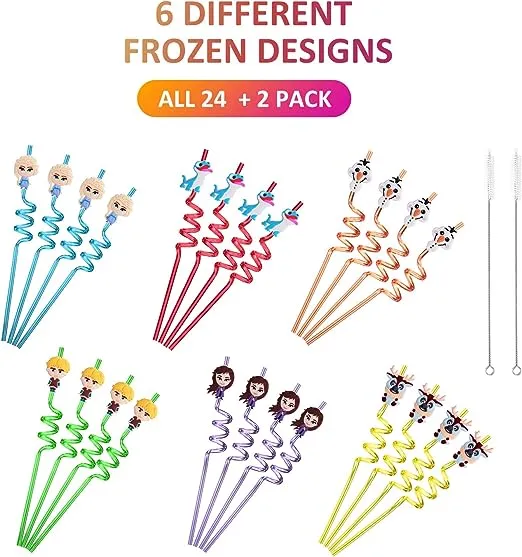 Lidmada 24 Frozens Elsa Straws with 2 Cleaning Brush 6 Designs Great for Birthday As Party Favors and Party Supplies