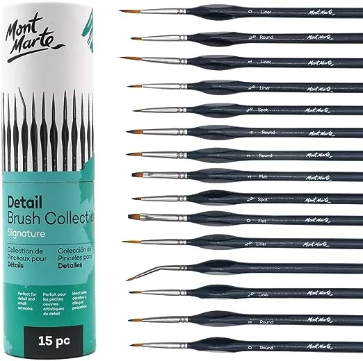 Mont Marte Signature Detail Brush Collection, 15 Piece, Taklon Bristles, Suitable for Acrylic, Oil, Watercolor