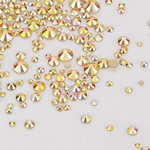 Dowarm 2650 Pieces Glue Fix Glass Flat Back Crystal Rhinestones Round Gems, 6 Sizes 1.5mm - 6.5mm, Non Hotfix Flatback Crystals Loose Gemstones for Crafts Nail Face Art Clothes (Metal Sunlight/Gold)