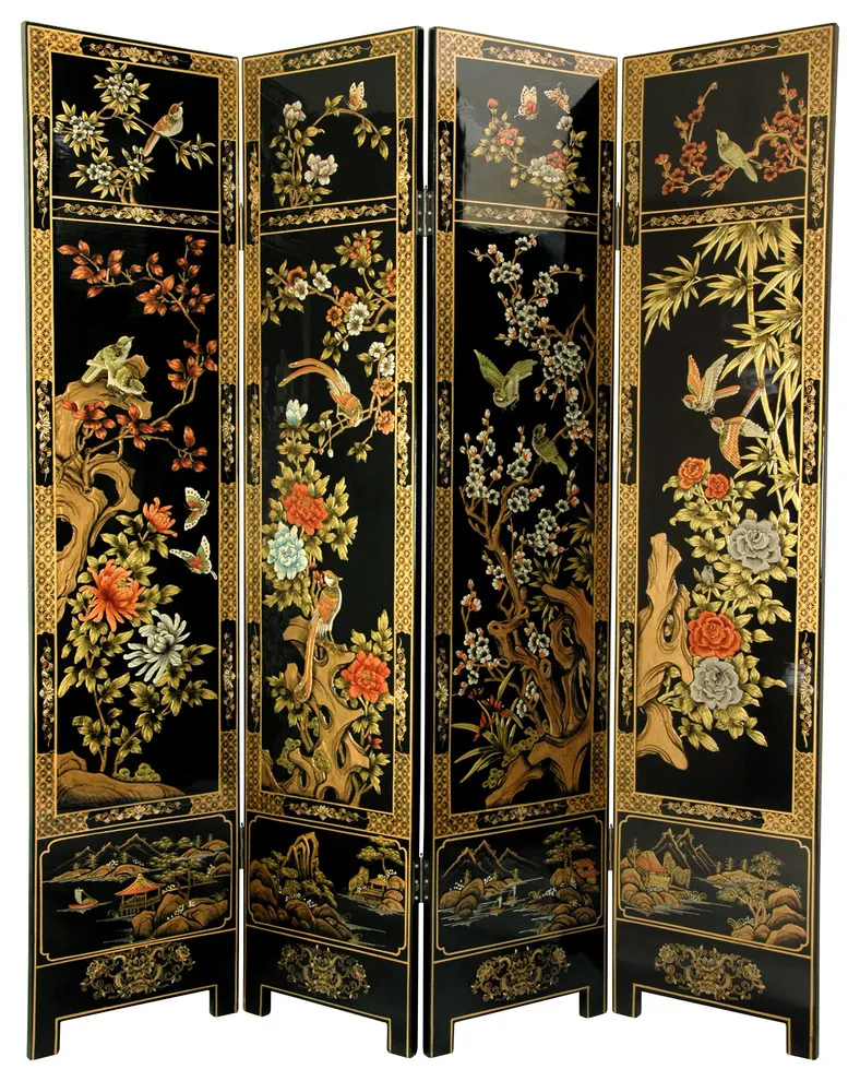 Oriental Furniture 6 ft. Tall Four Seasons Flowers Screen, Black