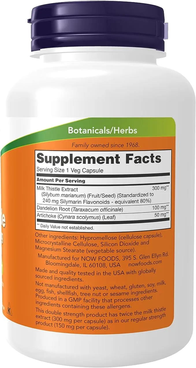 NOW Supplements, Silymarin Milk Thistle Extract 300 mg with Artichoke and Dandelion, Double Strength, Supports Liver Function*, 200 Veg Capsules