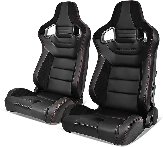 IKON MOTORSPORTS, Universal Racing Seats Pair with Dual Sliders, Red PU & Carbon Leather Reclinable Left Right