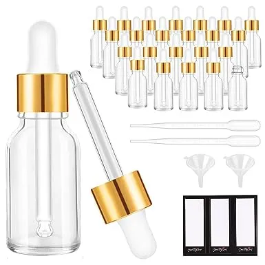 Prettycare 1oz Glass Dropper Bottle 24 Pack Amber Glass Bottles Empty with 2 Funnels & 2 Long Pipettes, 30ml Eye Dropper Bottles for Essential Oils,