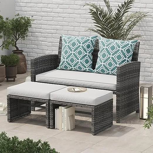 Furniture Rattan Conversation Set with Ottoman, White Cushions, Grey Wicker