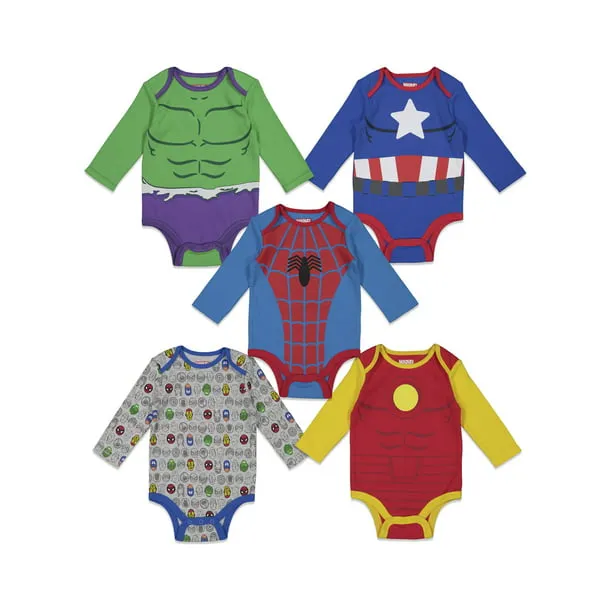 Marvel Infant Baby Boys 5 Pack Cuddly Long Sleeve Bodysuits Multicolored 3-6 Months