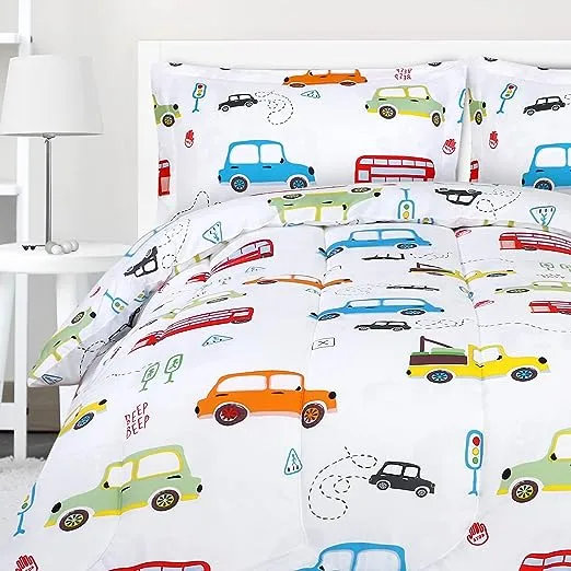 Bedding All Season Cars Comforter Set 2 Pillow Cases Machine Washable (Twin)