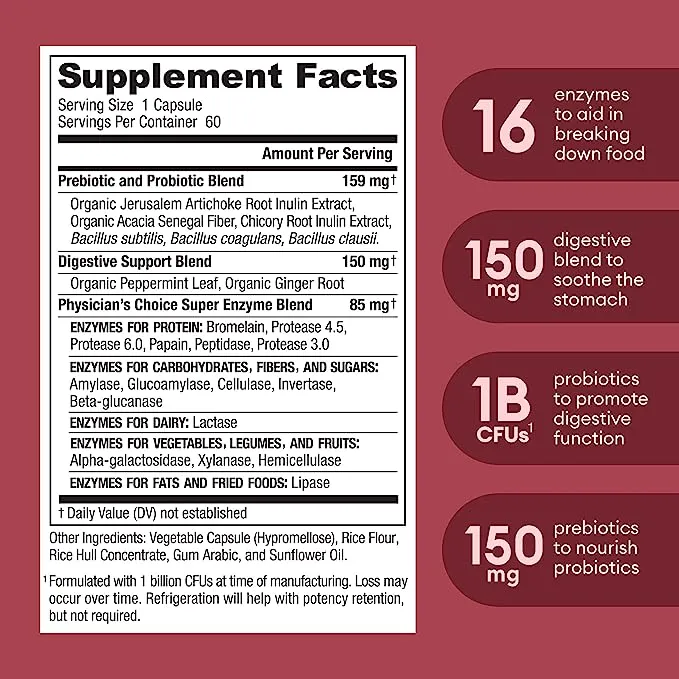 Physician's CHOICE Digestive Enzymes - Multi Enzymes, Organic Prebiotics & Probiotics for Digestive Health & Gut Health - For Bloating & Meal Time Discomfort Relief - Dual Action Approach - 60 CT